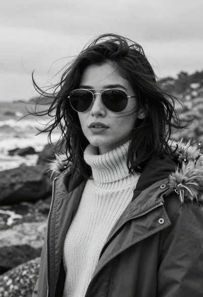Portrait of woman in knit sweater and parka on rocky coastline