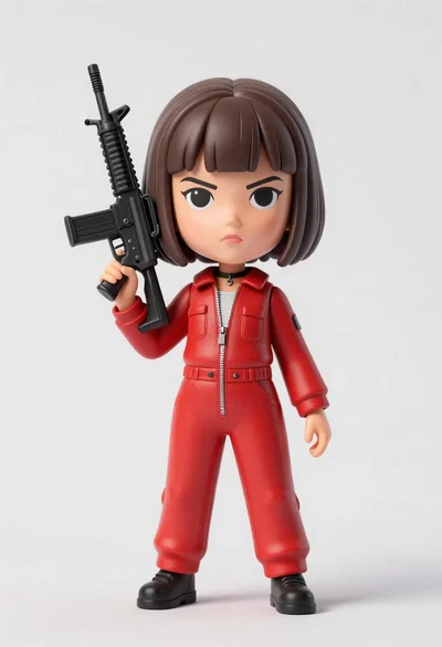 Stylized bobblehead figure of young woman holding black assault rifle in red