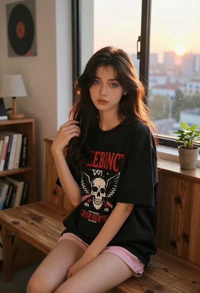 Young woman in black graphic tshirt sitting on wooden bench indoors