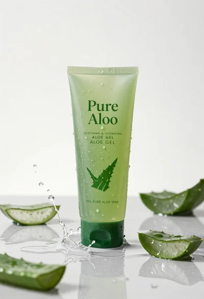Pure aloe gel tube on wet reflective surface with water splash