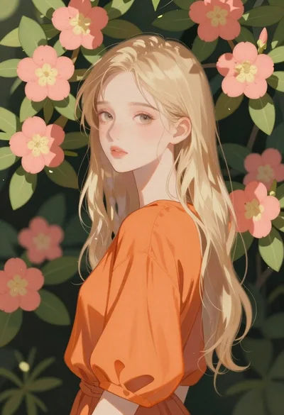 Anime girl in lush greenery with pink flowers
