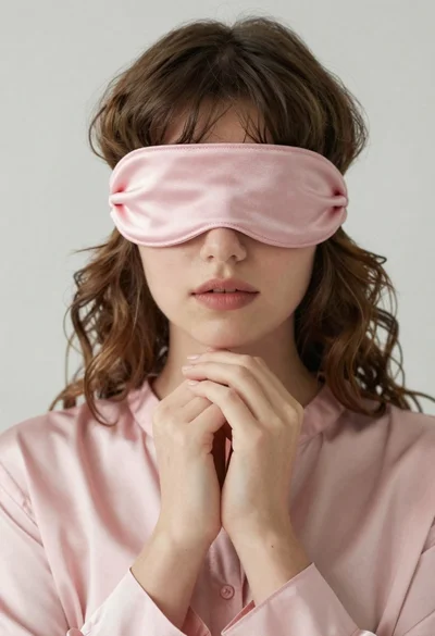 Portrait of woman blindfolded with pink silk