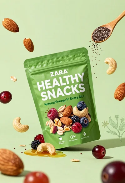 Commercial advertisement poster for berry nut mix snack pouch on bright green
