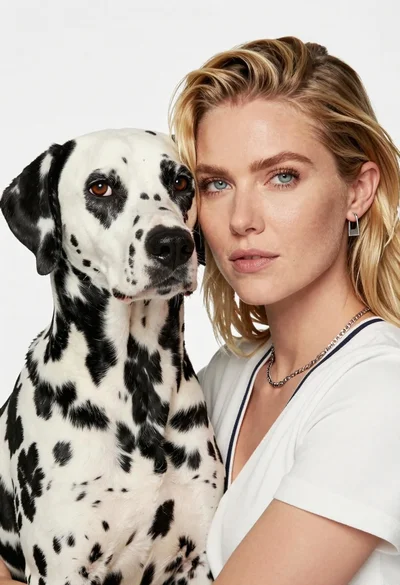 Close up portrait of blonde woman holding dalmatian dog in white studio