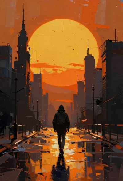Figure walking down wet street under giant orange sun
