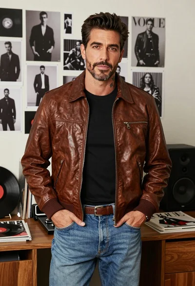 Handsome man standing indoors wearing bomber jacket jeans against magazine collage background