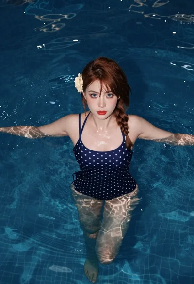 Fair skinned woman floating in deep blue water with polka dot swimsuit