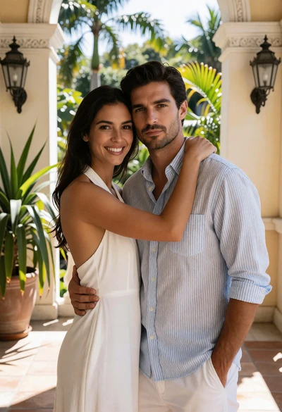 Couple embracing on sunlit veranda with lush greenery background
