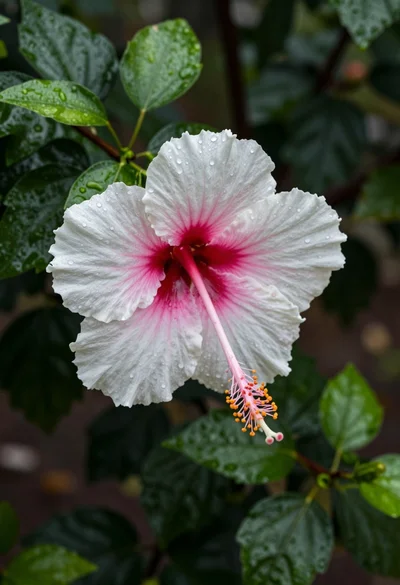 Close up photograph of hibiscus flower with raindrops on green foliage