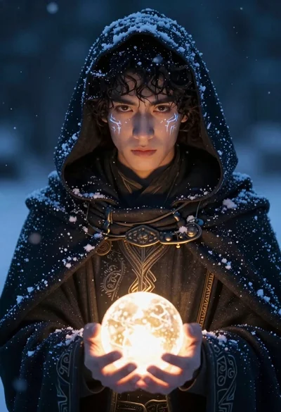 Young man in dark cloak holding glowing orb against snowy night