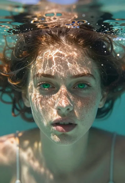 Portrait of a girl submerged underwater with sunlight filtering through