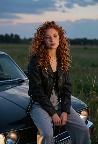 Young woman with curly hair sitting on a vintage car in a