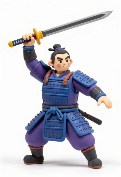 Stylized claymation samurai warrior in dynamic combat pose on white background