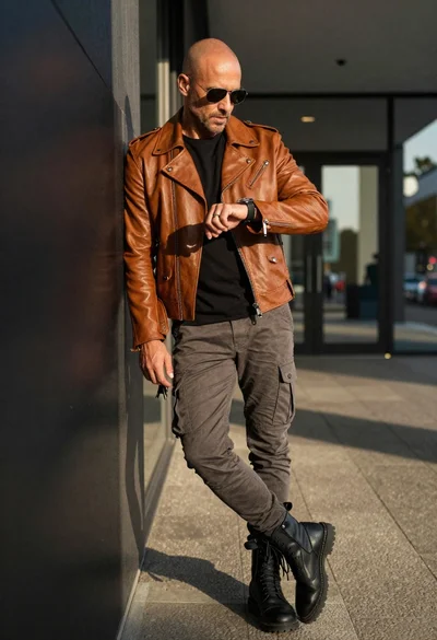 Bald man in motorcycle jacket leaning in urban corridor