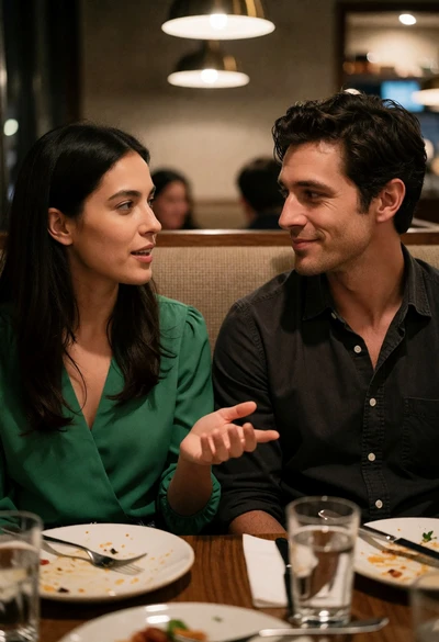 Couple conversing in restaurant booth after meal with warm ambient lighting