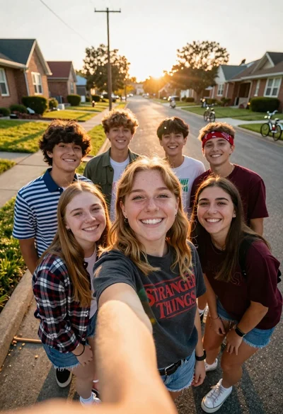 Group of six smiling teenagers taking a selfie on suburban street