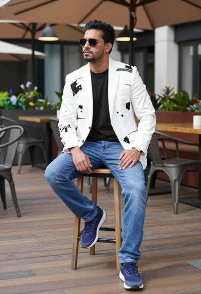 Man sitting confidently on stool on outdoor terrace with modern decor