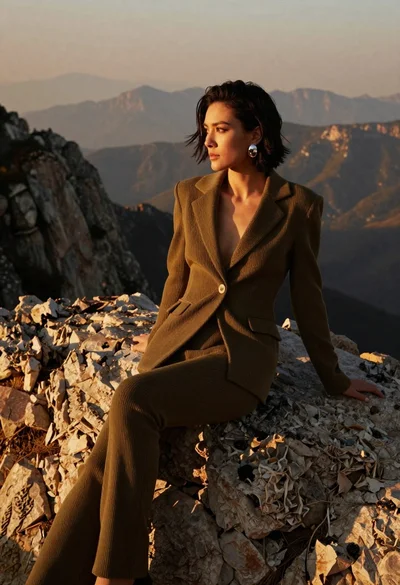 Woman in olive brown ribbed suit seated on rocky cliff at golden