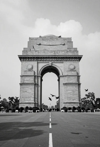 Majestic black and white view of india gate war memorial under cloudy