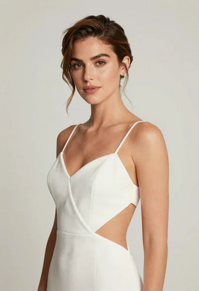 Confident woman in white dress against seamless offwhite studio background