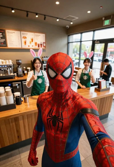 Spider man costume selfie at a coffee shop with baristas