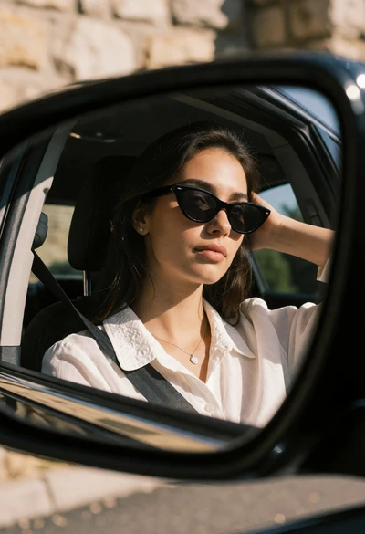 Reflection of young woman in car side mirror with natural sunlight