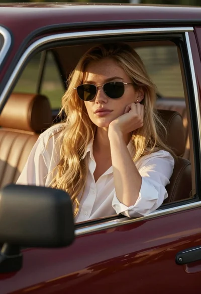 Young woman blonde hair leaning from vintage maroon car window at golden