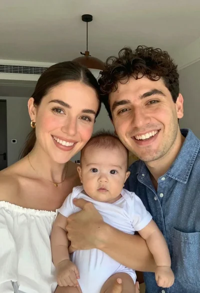 Smiling couple holding baby in bright indoor selfie