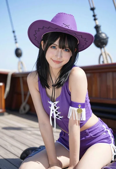 Smiling woman in purple western outfit sitting on a wooden ship deck