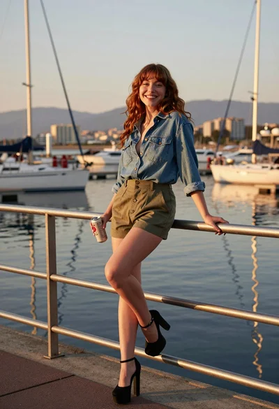 Young woman leaning on railing at marina during golden hour sunset