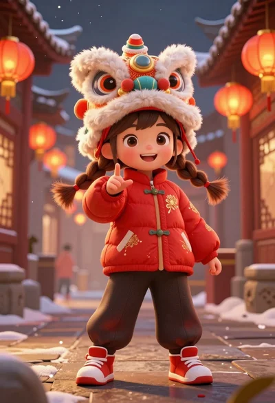 Cheerful young girl in red traditional clothing at chinese new year street