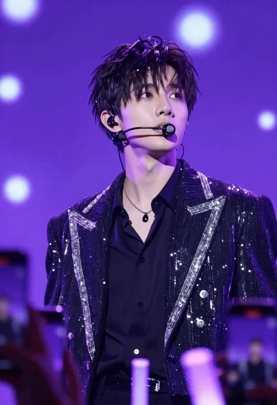 Young man performing on stage under vibrant purple lighting with bokeh background