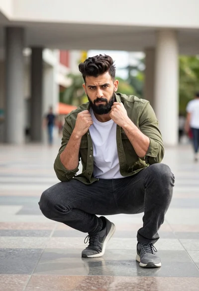 Man crouching in modern urban plaza with blurred architectural background details