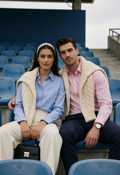 Stylish couple sitting in blue stadium seats with pastel coordinated outfits