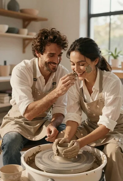 Couple working together at pottery wheel in sunlit studio with clay
