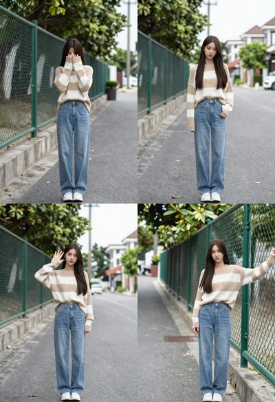 Young woman in striped sweater posing on a residential street