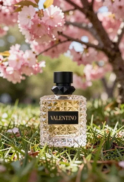 Transparent glass perfume bottle with black cap on green grass under pink