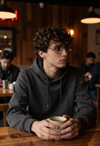 Young man with curly brown hair at wooden table in dimly lit