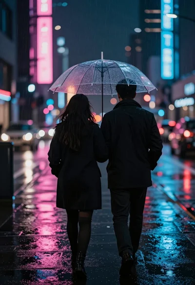 Couple walking away under umbrella on wet neon lit city street at