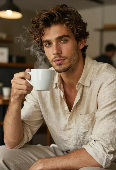 Handsome man with mug in a softly lit cafe