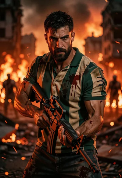 Muscular man with rifle in devastated urban landscape amidst fire