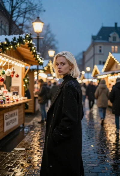 Fair skinned woman with platinum blonde hair in black coat at christmas