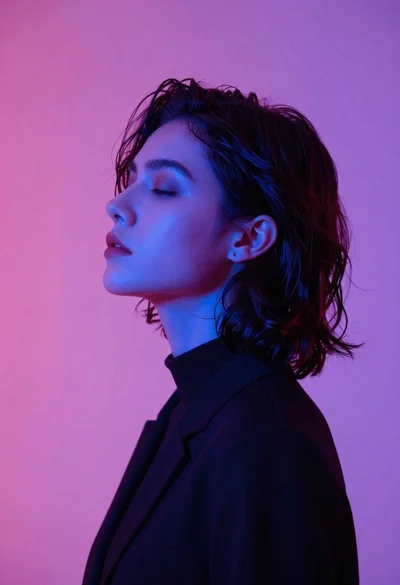 Profile portrait of woman in profile view with dark wavy hair