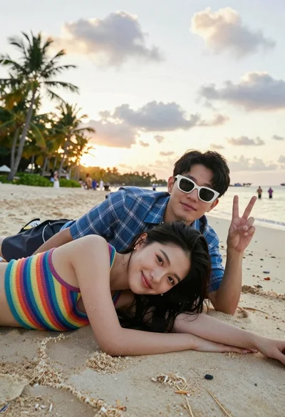Young couple relaxing on sandy beach at sunset with palm trees