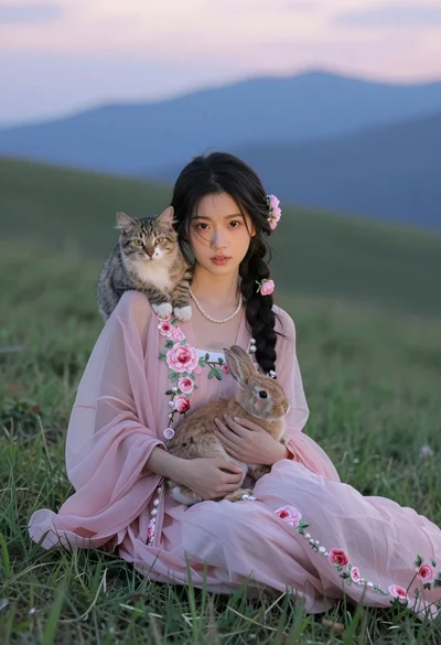 Young woman in pink floral dress holding rabbit with cat on grassy
