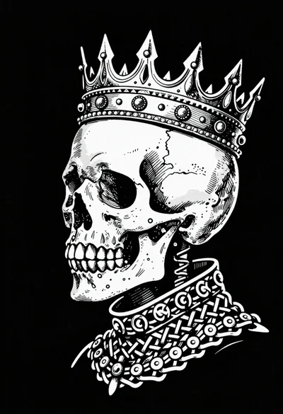 Black and white illustration of skull wearing crown