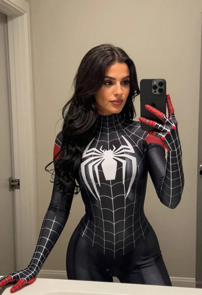 Woman taking mirror selfie in black spider man bodysuit indoors