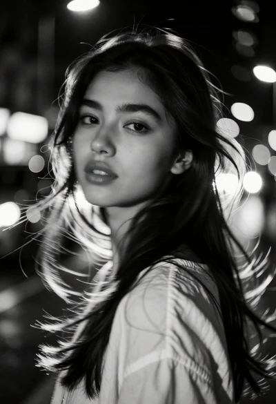 Black and white cinematic photograph of a woman in the city at