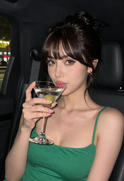 Glamorous woman in green top holding martini glass inside car at night