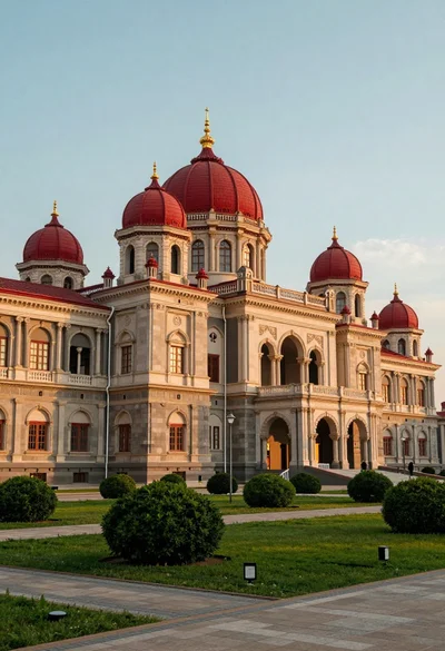 Majestic palace complex with red domes and golden spires under soft sky